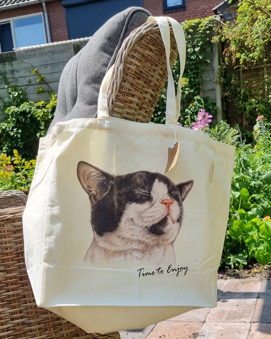 Katoenen winkelshopper met bedrukking - Cat - Time to Enjoy