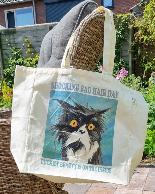 Katoenen winkelshopper met bedrukking - Bad Hairday Cat