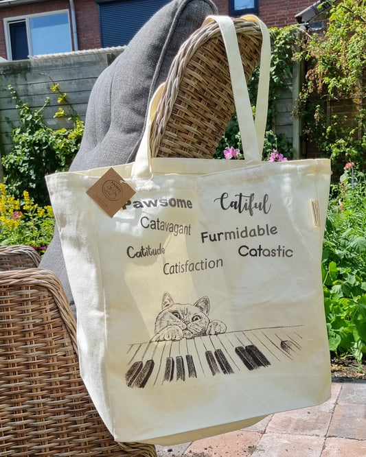 Katoenen winkelshopper met bedrukking - Cat Playing Piano
