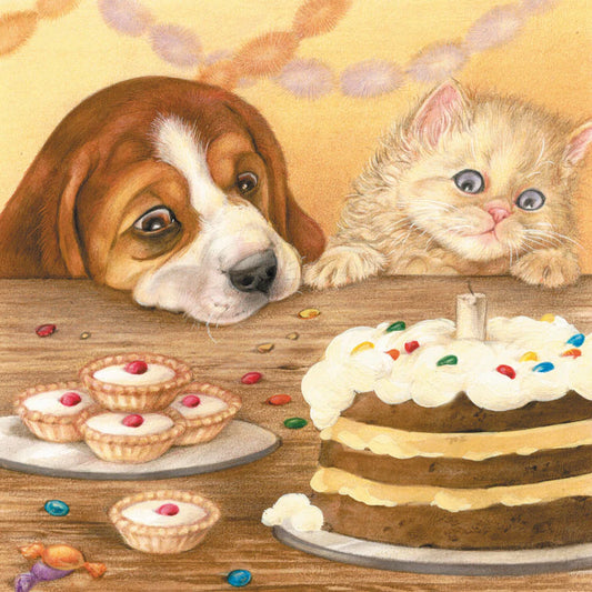 Quadratische Karte - Beagle und Perser haben zusammen ein Stück Kuchen