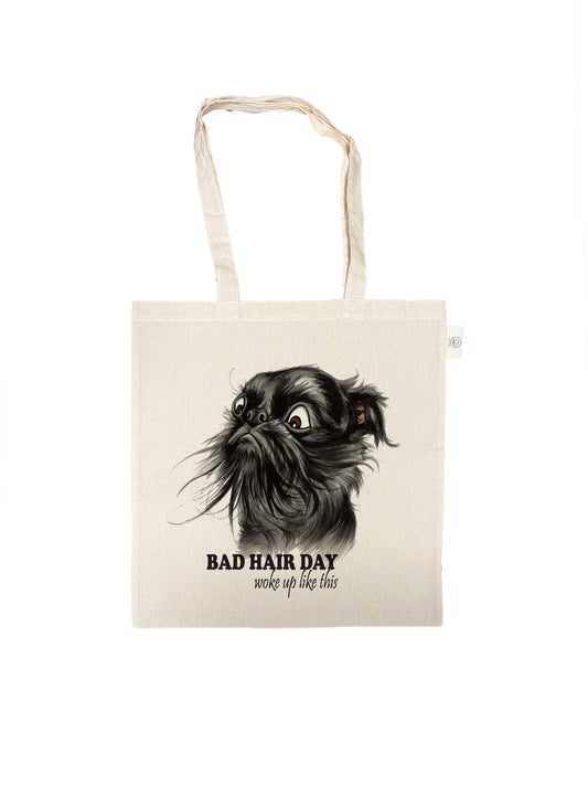 Katoenen tas - Bad Hair Day - Woke up like this ! -  prijs per 3 stuks