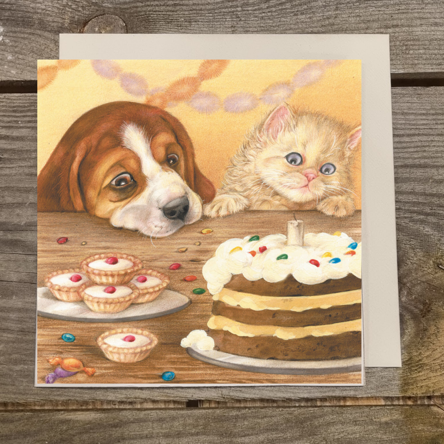 Quadratische Karte - Beagle und Perser haben zusammen ein Stück Kuchen