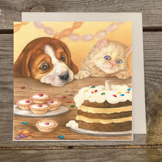 Quadratische Karte - Beagle und Perser haben zusammen ein Stück Kuchen