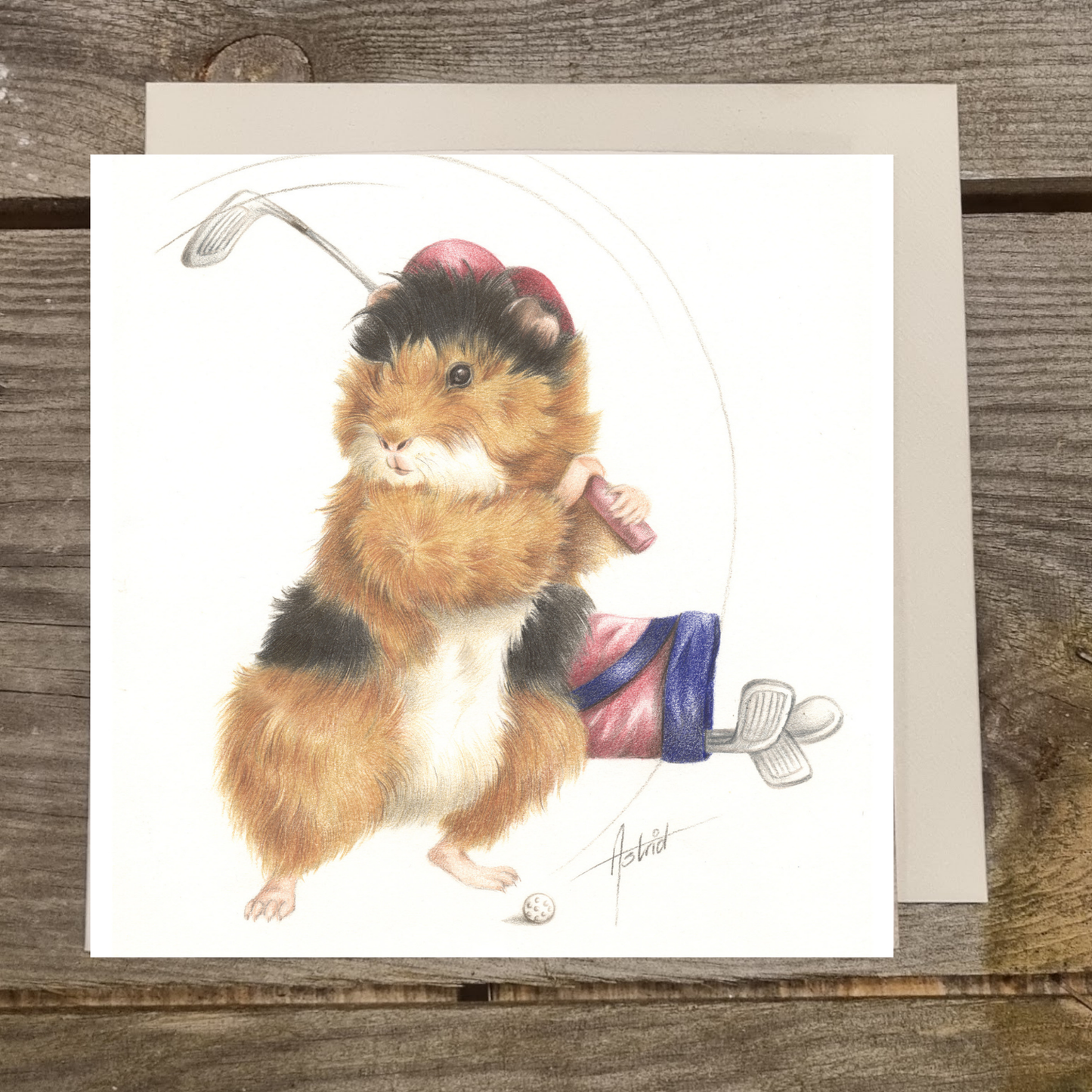 Vierkante kaart - Golfende Cavia. Welke hobby heb jij? Sla je een balletje met mij mee?