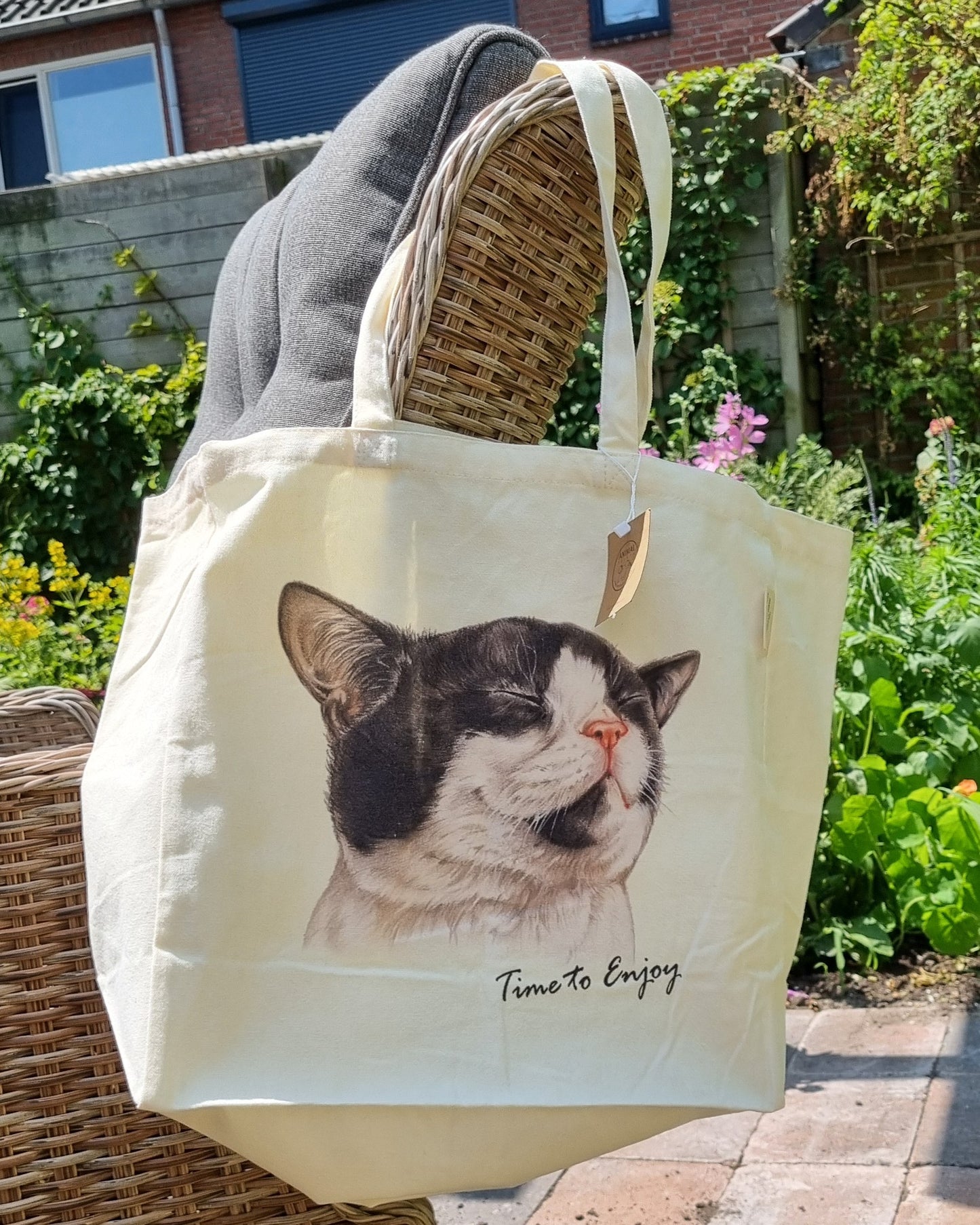 Katoenen winkelshopper met bedrukking - Cat - Time to Enjoy