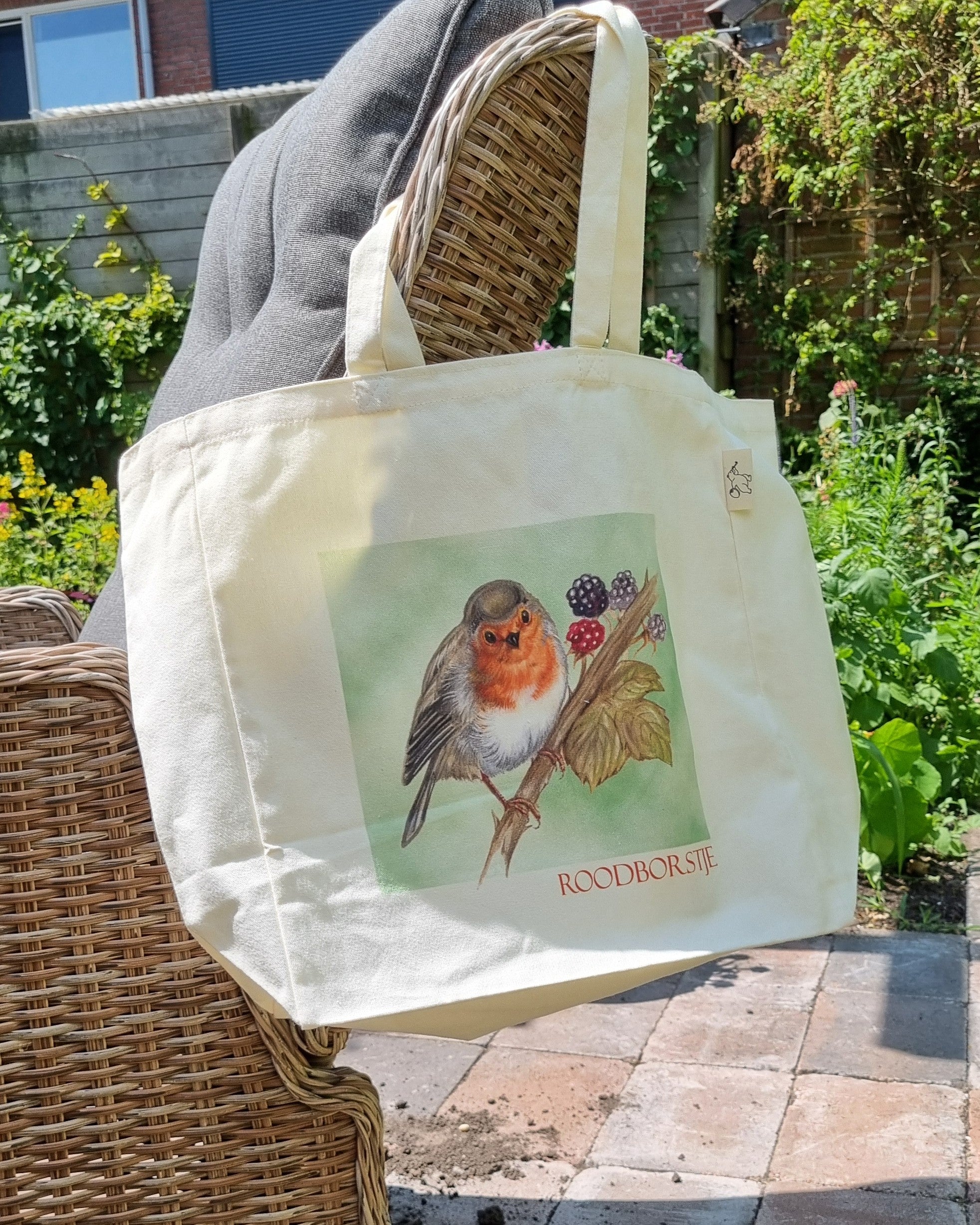 Katoenen winkelshopper met bedrukking - Roodborstje - Robin
