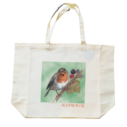 Katoenen winkelshopper met bedrukking - Roodborstje - Robin