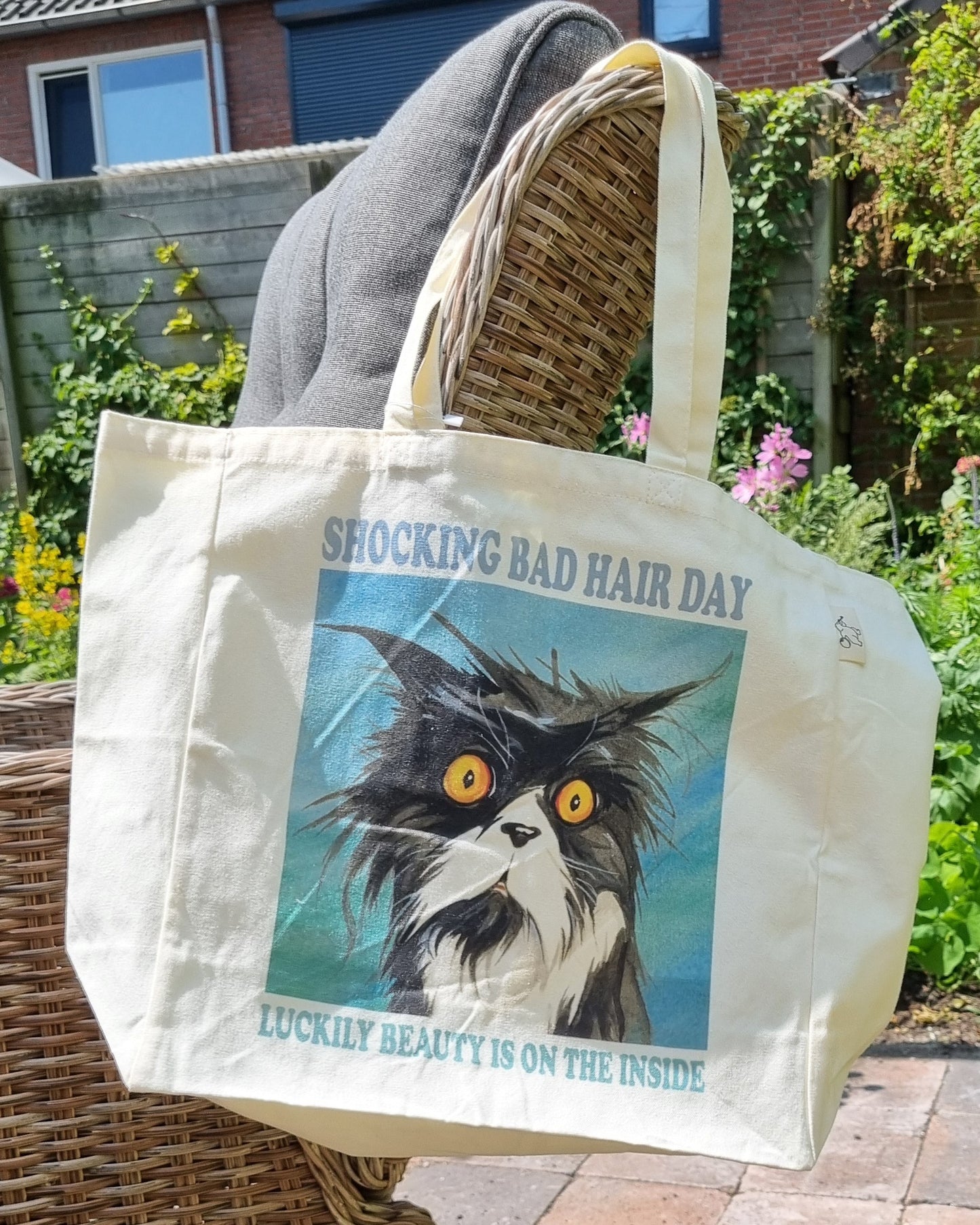 Katoenen winkelshopper met bedrukking - Bad Hairday Cat