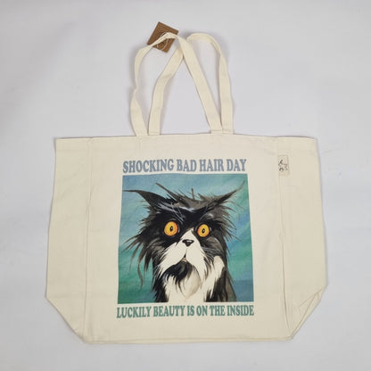 Katoenen winkelshopper met bedrukking - Bad Hairday Cat