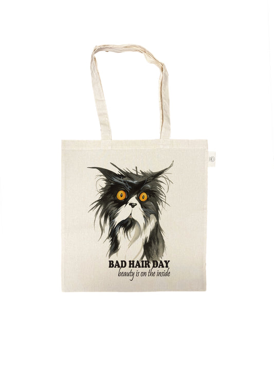 Katoenen tas - Bad Hair Day - Beauty is on the Inside -  prijs per 3 stuks