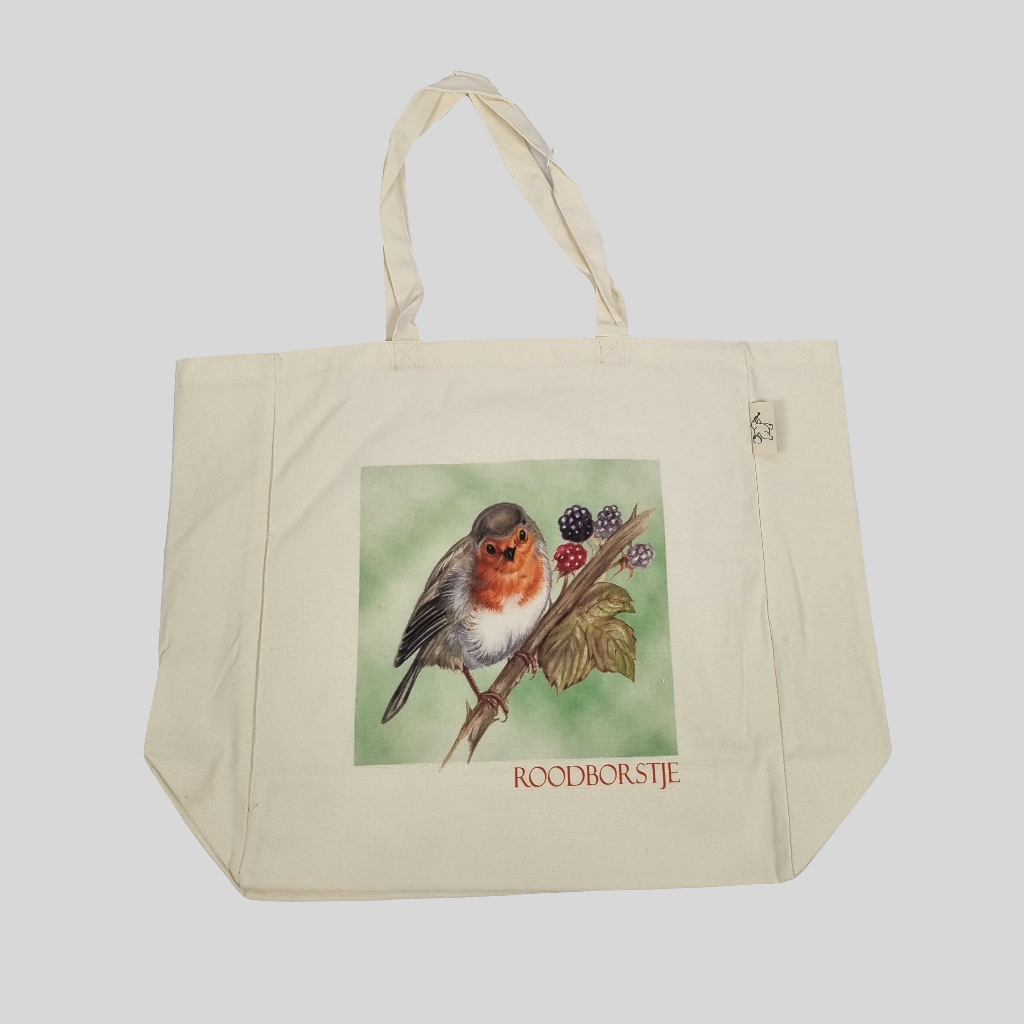 Katoenen winkelshopper met bedrukking - Roodborstje - Robin