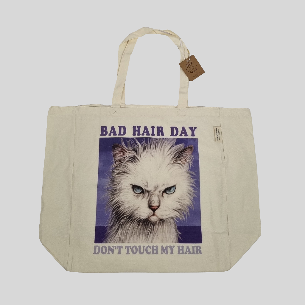 Katoenen winkelshopper met bedrukking - Bad Hairday Cat