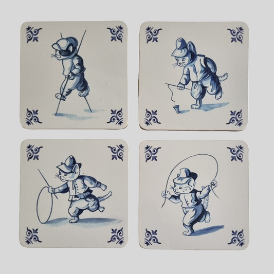 Set of 4 coasters - Delft blue cat series