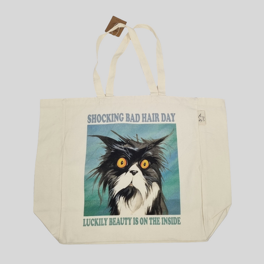 Katoenen winkelshopper met bedrukking - Bad Hairday Cat